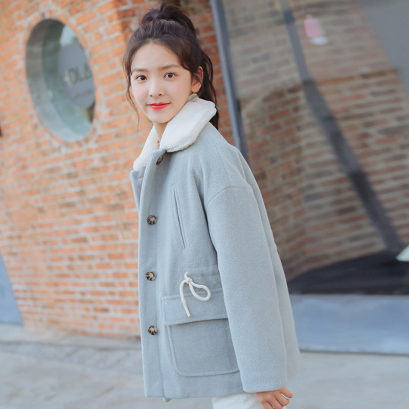 Woollen coat girl new autumn/winter 2019 Korean simple versatile added thick wool collar drawstring short style woolen coat