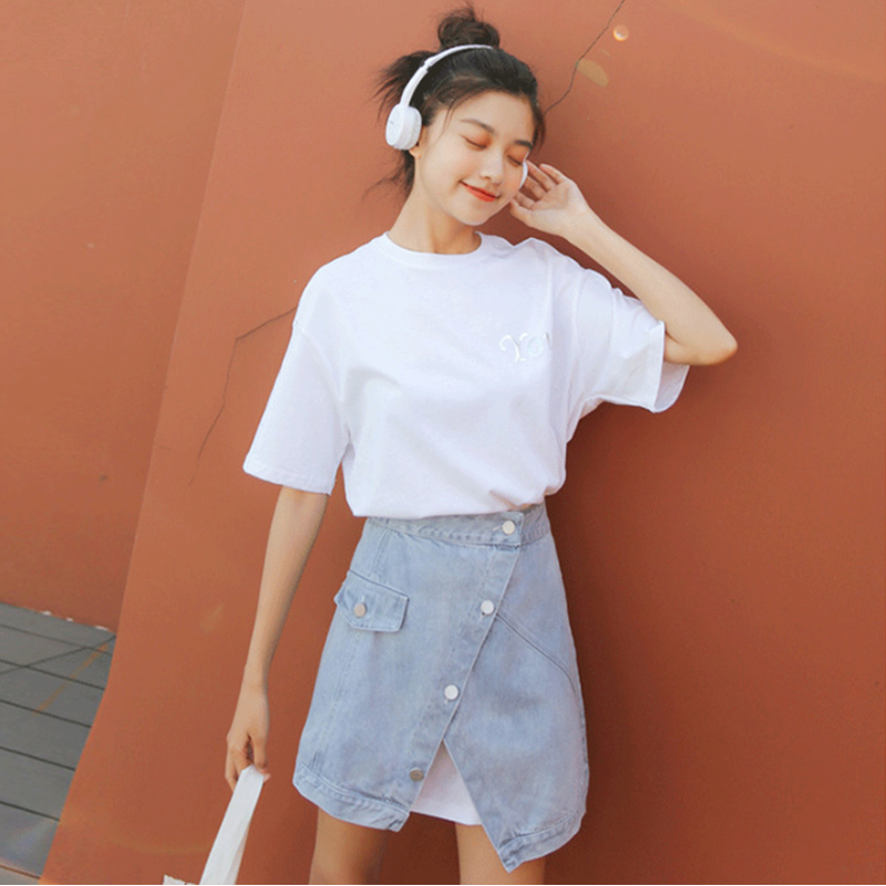 Chic new 2019 summer chic long T-shirt + denim skirt two-piece dress
