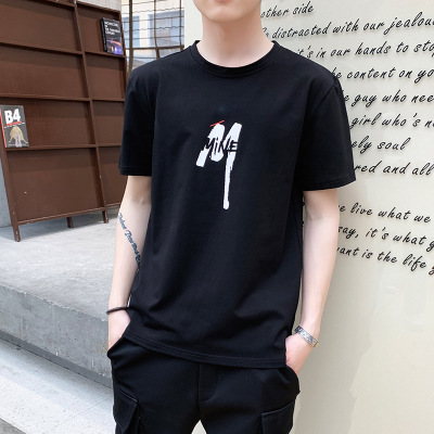 2019 men's summer short sleeve new men's Korean version slim round collar print versatile casual primer trend