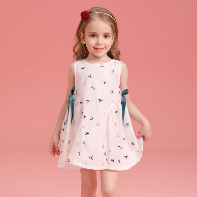 Schmick's new summer 2019 seersucker heavy flower embroidery baby skirt bow girls sleeveless dress