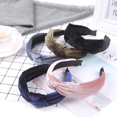 South Korean version of the new hair decoration pure color velvet elastic flannelette wide edge headband knot headband female hair card cross-border supply