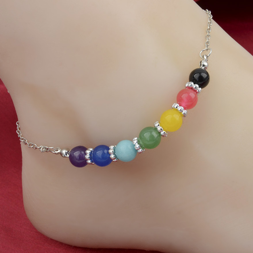 New European and American foreign trade foot ornaments seven chakras bright color beaded anklet multi grain beaded anklet foot ornaments wholesale