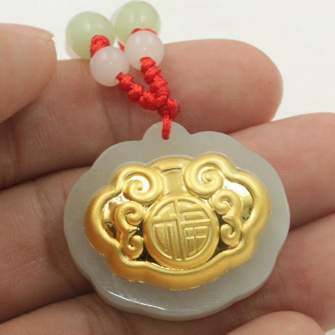 New hetian jade inlaid gold pendant with lucky words baby lock gold inlaid with jade necklace