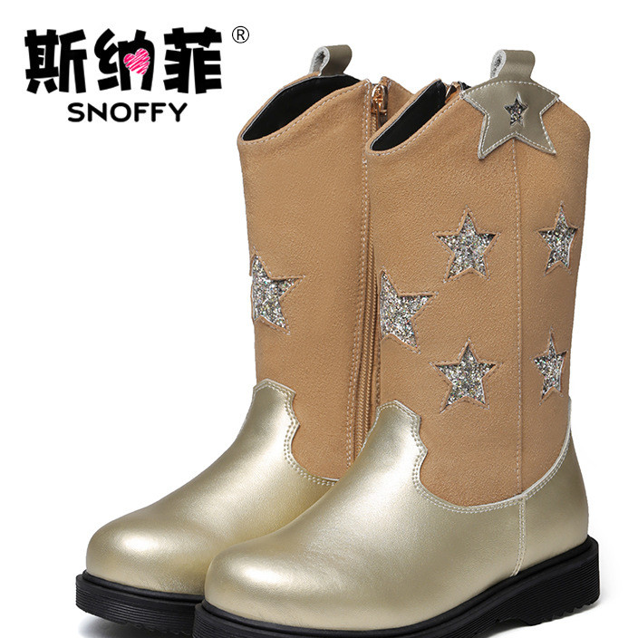 Snafee children's shoes girl boots leather princess high boots 2016 winter new add velvet big children's cotton boots