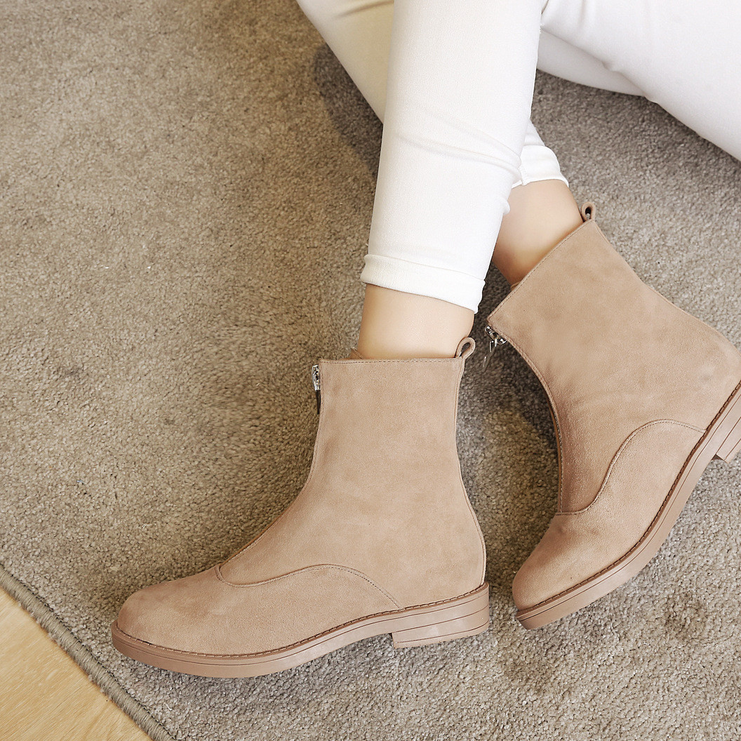 Low heel leather ankle boots for women with front zipper Martin boots for women