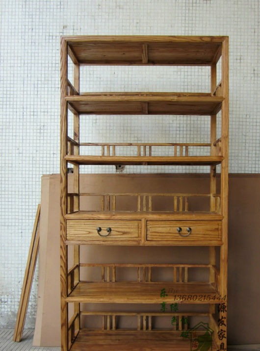 YF002 promotion tea rack two smoke pure elm bookshelf solid wood bookshelf solid wood log furniture