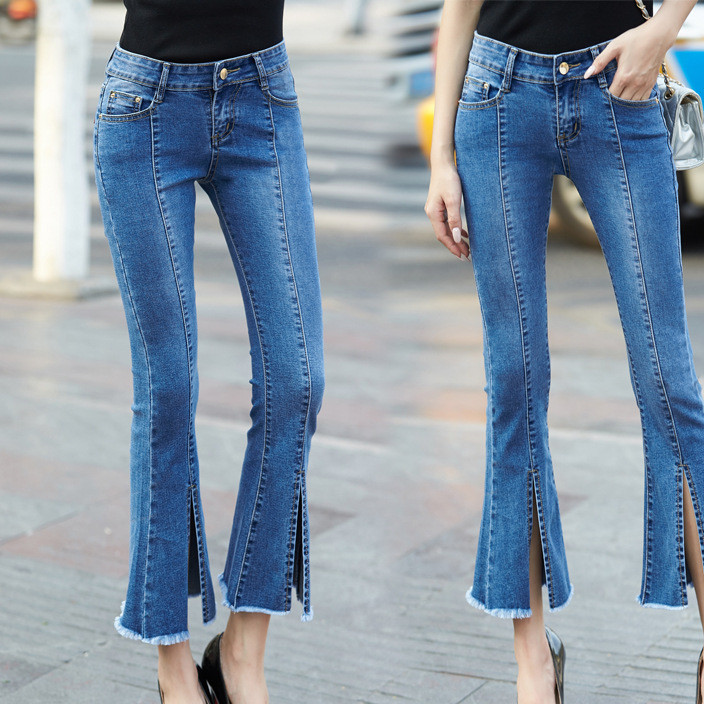 Spring casual denim bell-bottom Korean version high-waisted light-colored bell-bottom fashion personality flared trousers