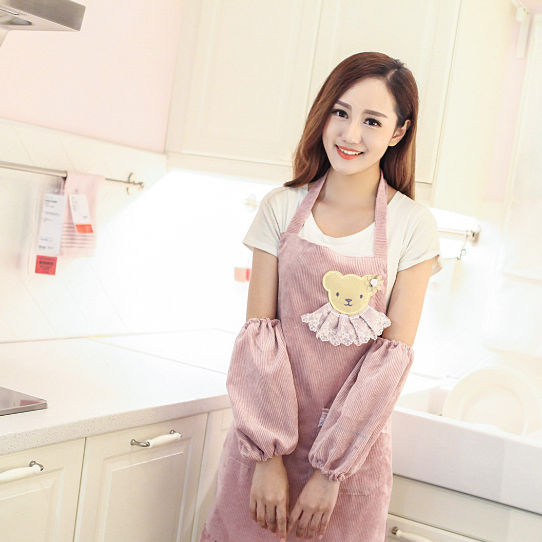 Korean version of fashion double apron waterproof oil proof nail work clothes kitchen cafe lovely princess cooking smock