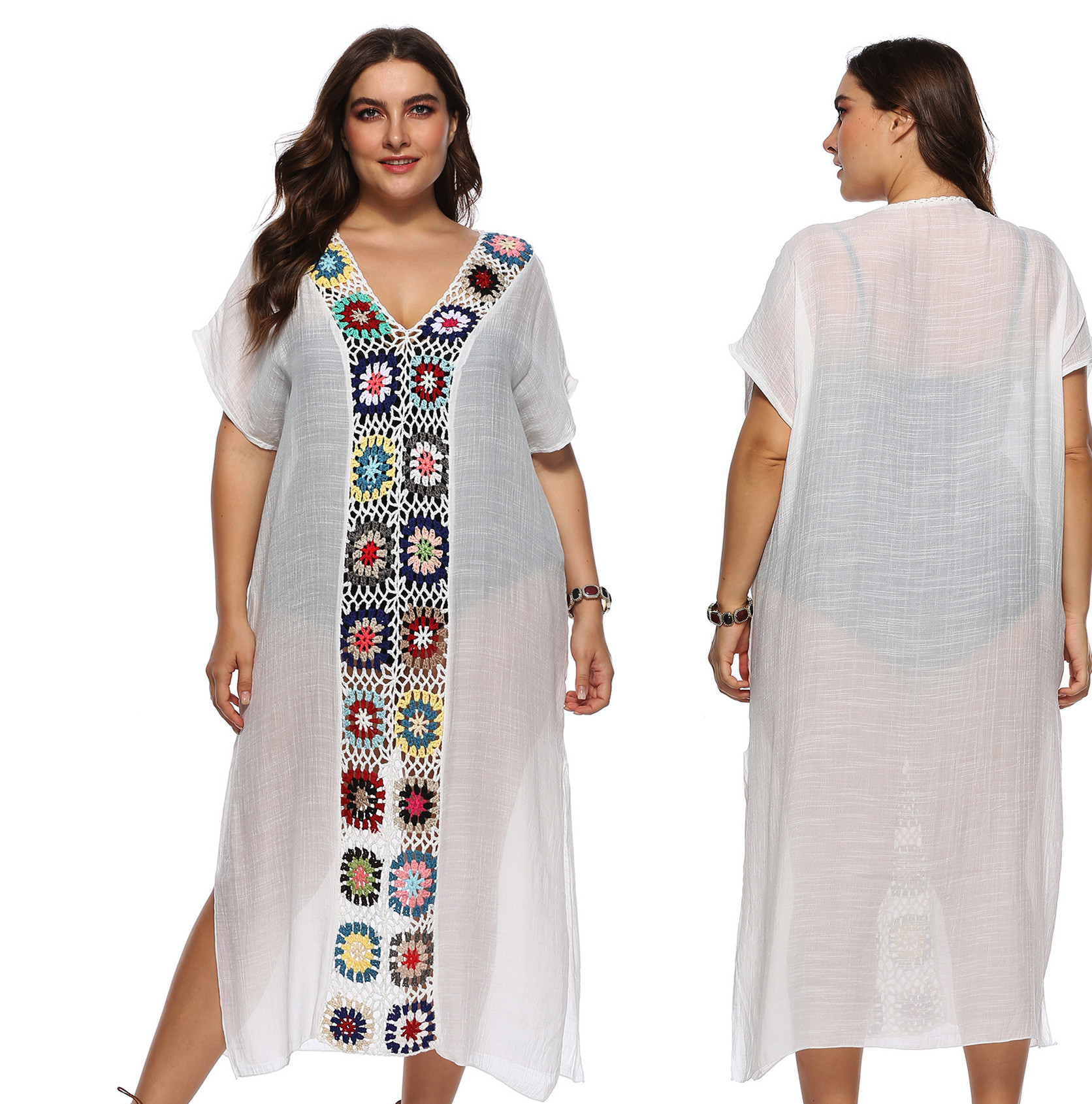 Amazon large size women's clothing cross-border special fat old woman cotton hand-hook patchwork skirt beach smock dress 1900