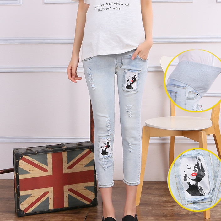 Summer maternity pants seven points denim maternity pants elastic support belly small feet slim pregnant women seven points maternity pants wholesale