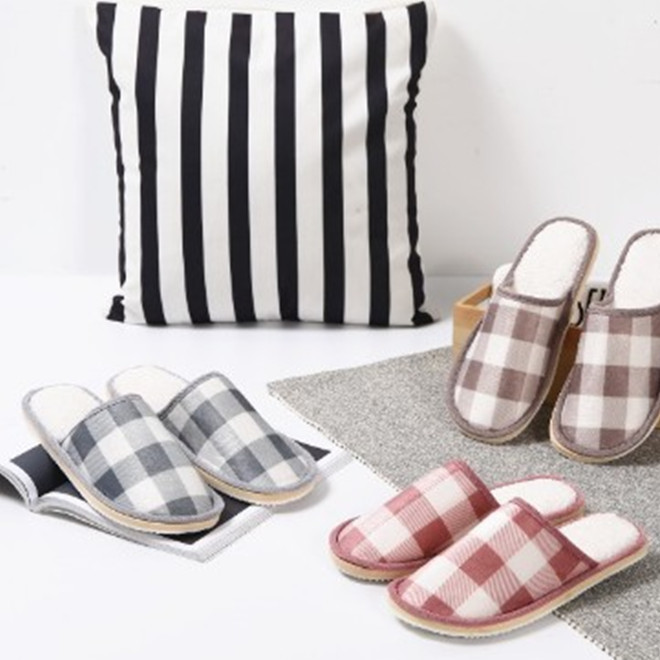 Qiudong paragraph grid cotton slippers home men and women lovers slippery wooden floor warm cotton slippers manufacturers wholesale